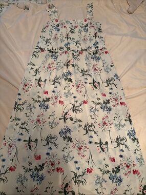 Thyme Maternity White Floral Maxi Dress with Blue, Green, and Pink Accents